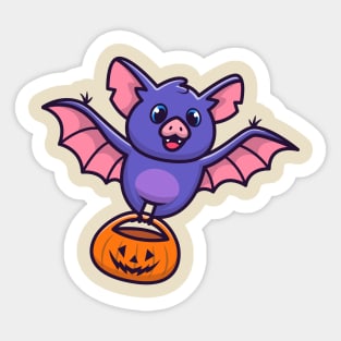 Cute Bat With Pumpkin Halloween Cartoon Sticker